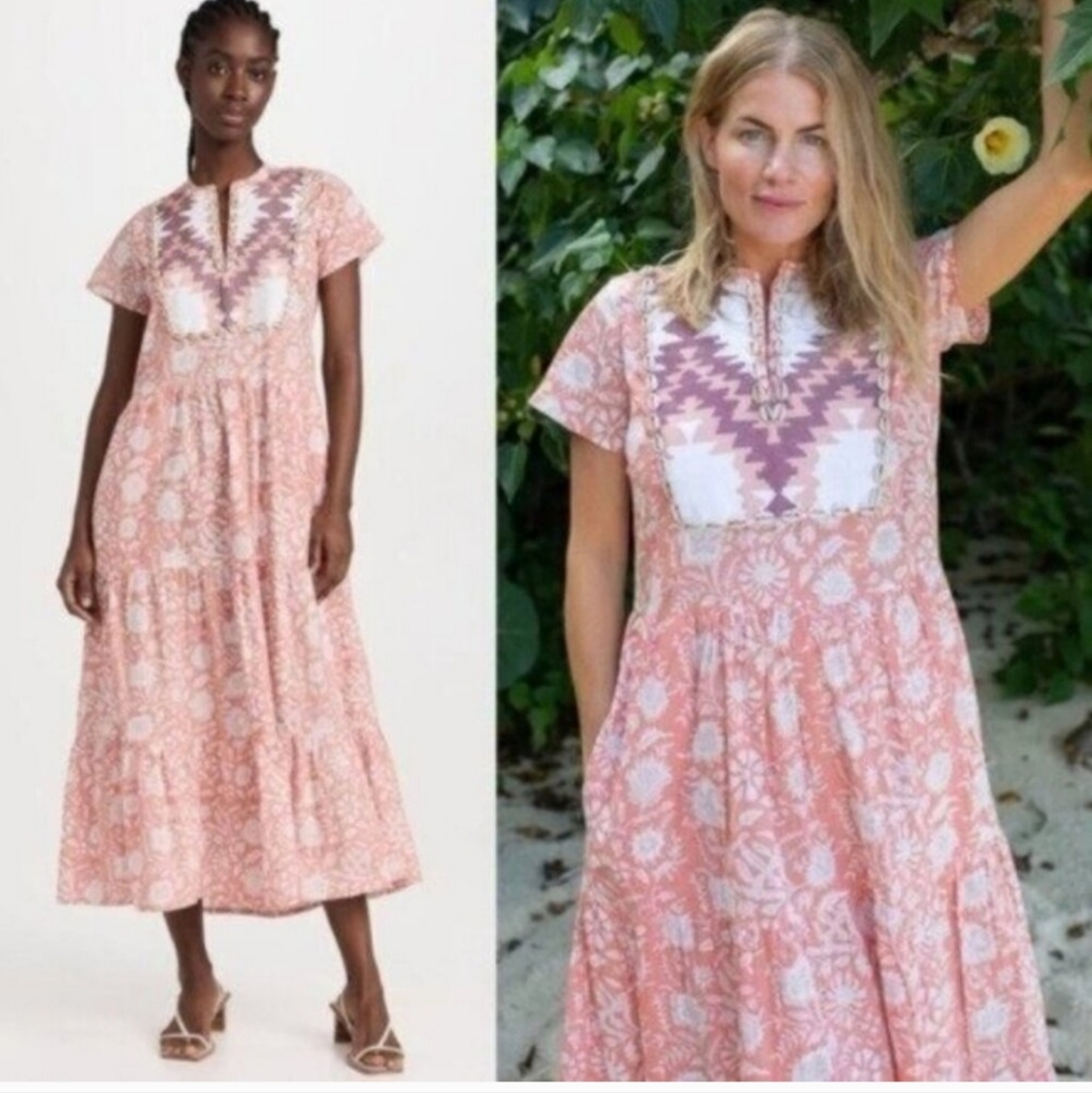 Marea by Liz Joy Olympia Sorbet Floral Print Shell Short Sleeve Kaftan Dress Lg